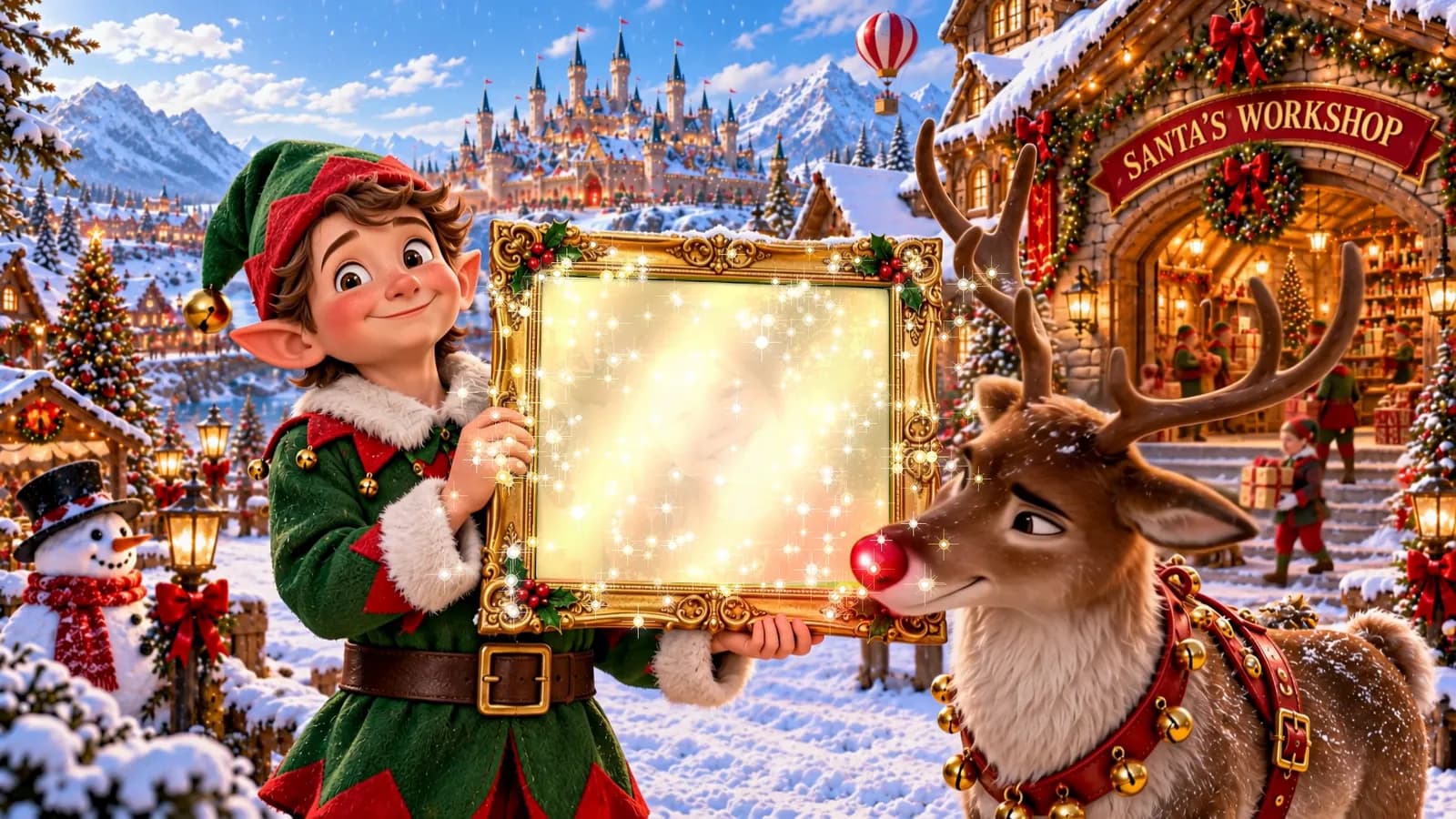 An elf holds up the golden frame as it glows, just before the photo appears