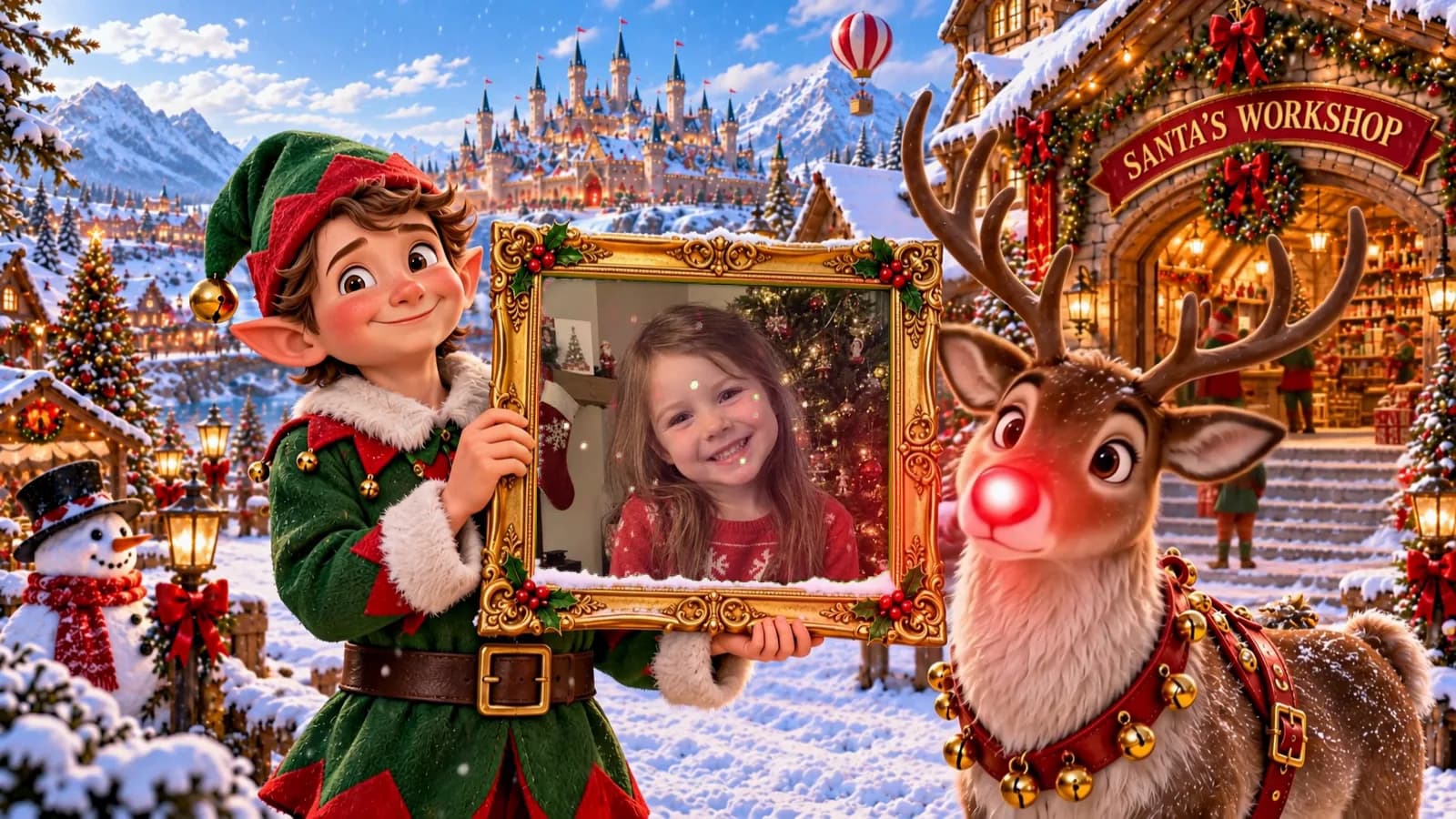 An elf holds up the golden frame with the example photo inside, Rudolph beside him