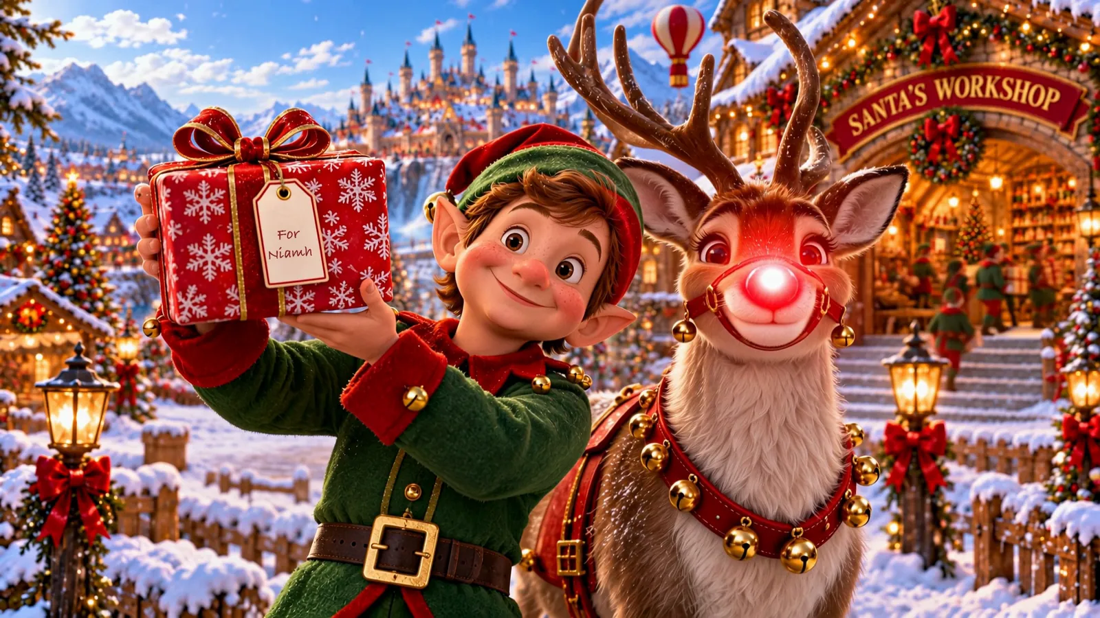 An elf holds up a present; the gift tag reads For Niamh