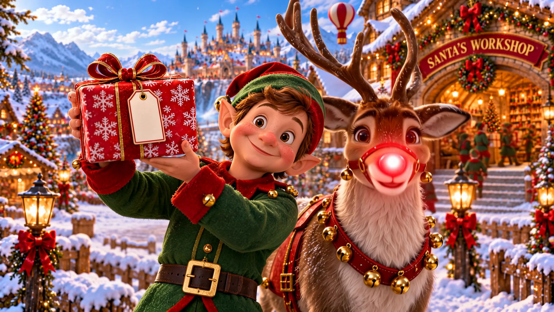 An elf and Rudolph hold up a present outside Santa’s Workshop