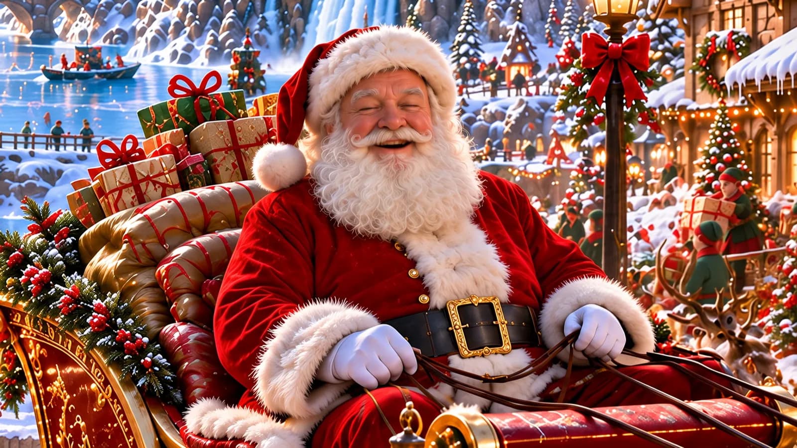 Santa smiles from his sleigh
