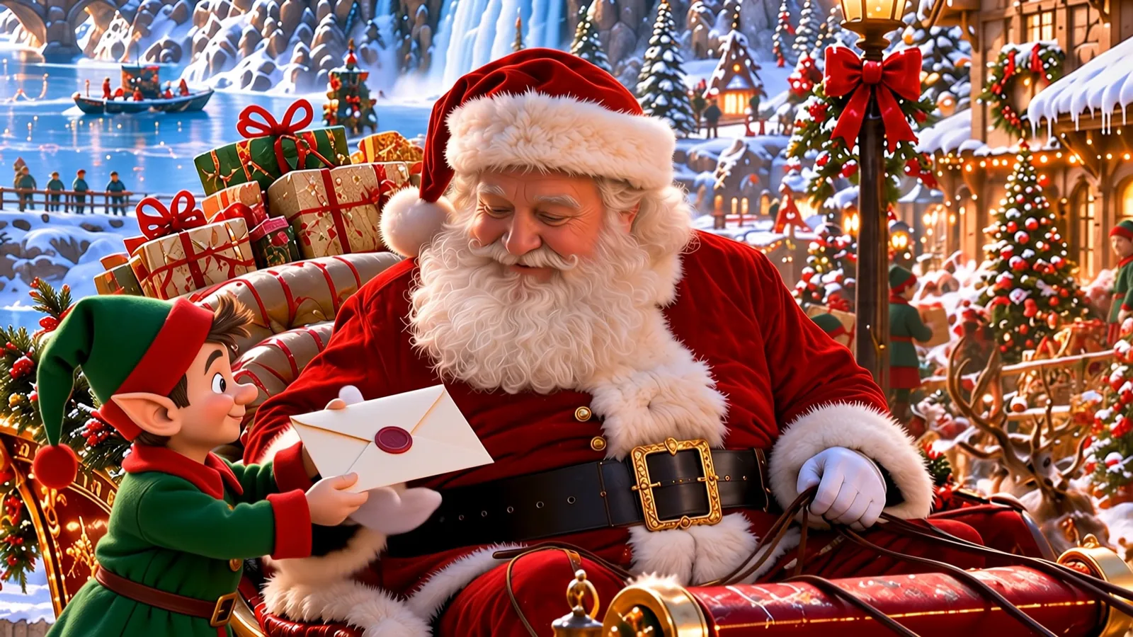 An elf hands Santa the letter
