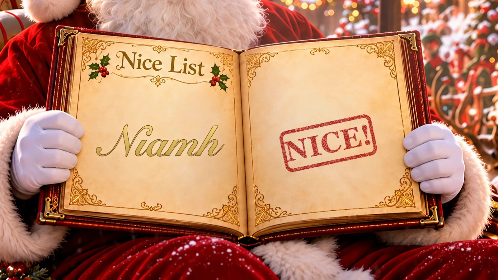 The name Niamh written in gold in Santa’s Nice List, with a red NICE! stamp