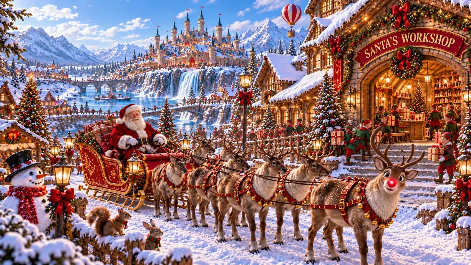 Santa’s sleigh and Rudolph waiting in the snow