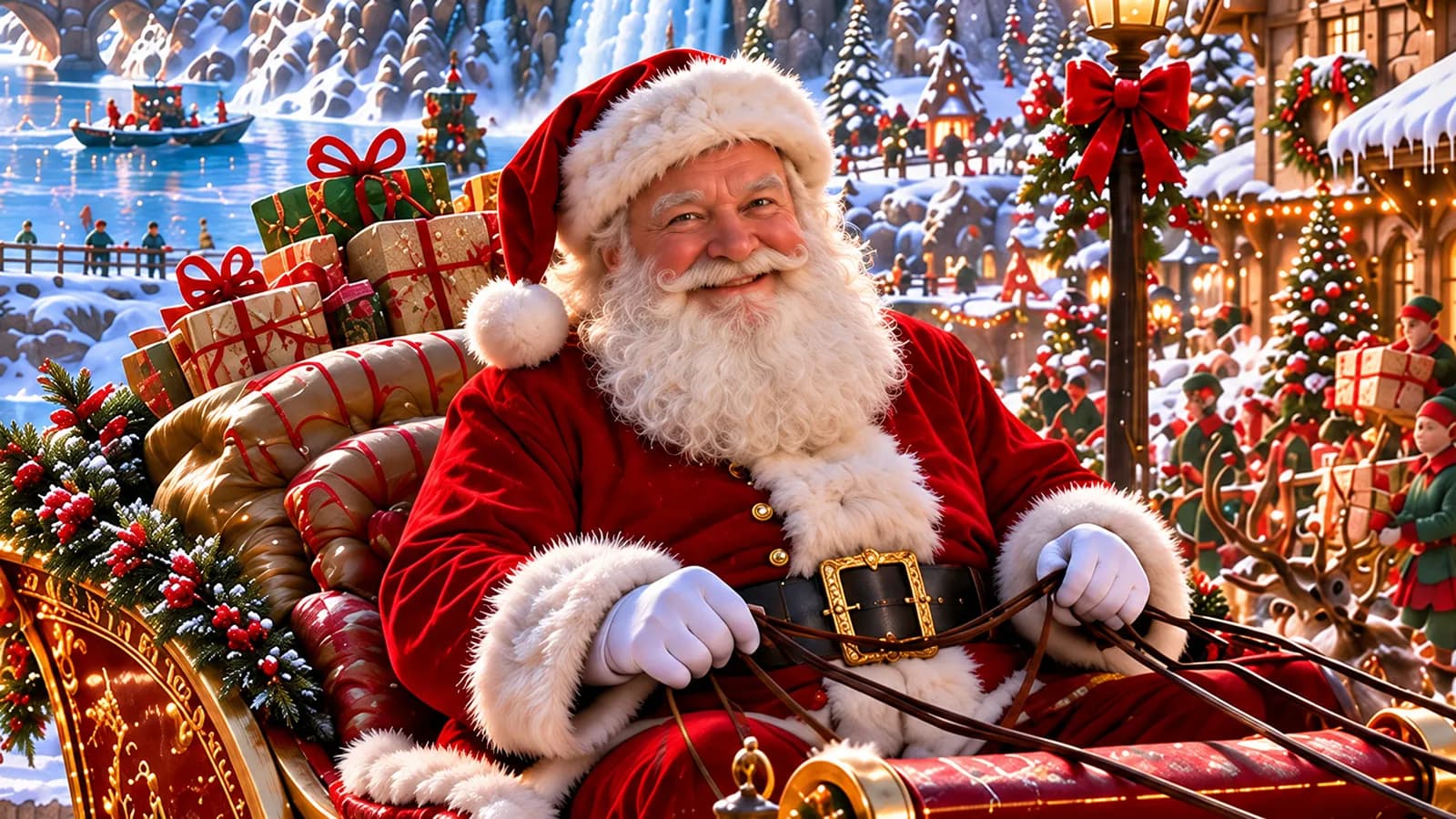 Santa smiles warmly in his sleigh
