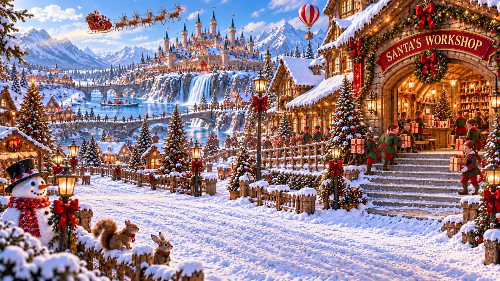 The North Pole village and Santa’s Workshop in the snow